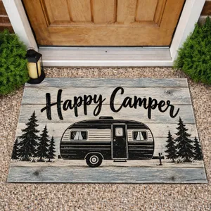 Rustic Happy Camper Van And Pine Trees For Road Trip Lovers And Outdoor Adventurers Doormat