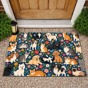 Navy Cat And Dog Floral Garden For Cheerful Pet Lover Home Décor And Cozy Entryways Doormat