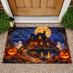 Spooky Cabin, Ghosts & Jack-o'-Lanterns for Halloween Nighttime Seasonal Home Decor Doormat