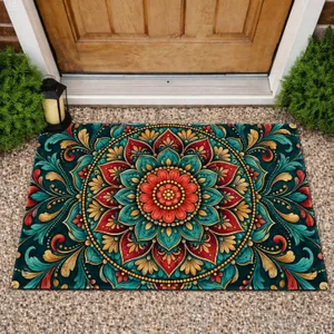 Intricate Teal And Ruby Mandala For Bohemian Entryway Style And Colorful Home Decor Doormat