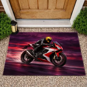 Sport Motorcycle Rider Scene for Garage Style and Adventure-Loving Biker Enthusiasts Doormat