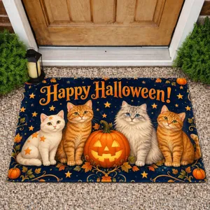 Four Halloween Cats with Pumpkin and Stars for Cozy Spooky Autumn Seasonal Decor Doormat