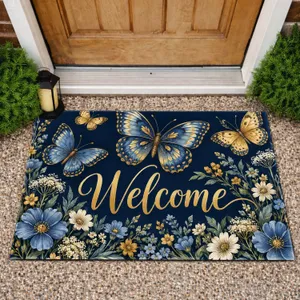Blue and Gold Butterflies with Wildflowers for Welcoming Spring Homes and Garden Lovers Doormat