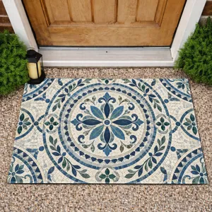 Blue Mosaic Courtyard Medallion for Mediterranean Home Entry and Garden Style Lovers Doormat