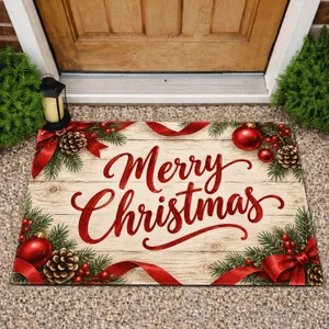 Merry Christmas Red Script on Rustic Whitewashed Wood for Holiday Home Celebrations Doormat