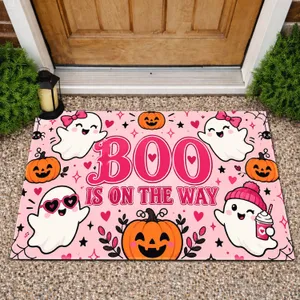 Pink Halloween Ghosts and Smiling Pumpkins for a Cute Spooky Seasonal Home Entryway Doormat