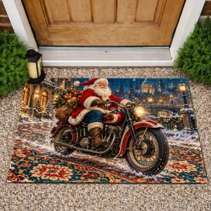 Santa Riding a Vintage Motorcycle Through a Snowy Christmas City for Holiday Home Decor Doormat