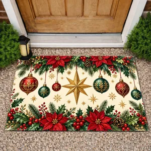 Christmas Poinsettias, Hanging Baubles And Golden Stars For Festive Holiday Entryways Doormat