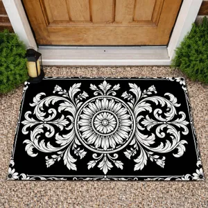 Black And White Baroque Floral Medallion For Elegant Entryway And Classic Home Style Doormat