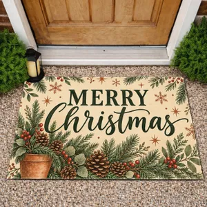 Merry Christmas Evergreen Sprigs for Cozy Holiday Entryways and Seasonal Home Styling Doormat