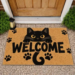 Black Cat Welcome Paw Prints for a Cozy Cat Lover Home Entrance and Pet-Friendly Living Doormat