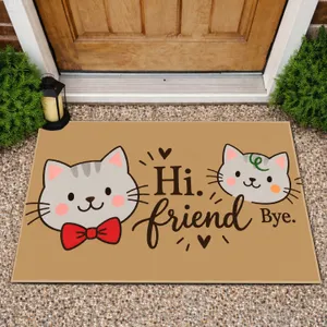 Two Cartoon Cat Faces With Friendly Greeting for Cheerful Cat Lover Home Entry Doormat