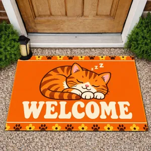 Sleeping Orange Tabby Cat Welcome Art for Cozy Cat Lover Entryways Doormat