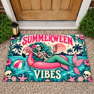 Skeleton Mermaid Summerween Vibes for Spooky Summer Poolside Seasonal Home Decor Doormat