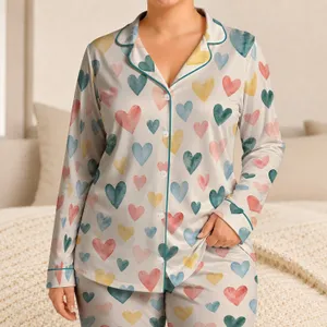 Watercolor Heart Motifs for Cozy Nights and Relaxed Lounging for Her Satin Pajamas Set