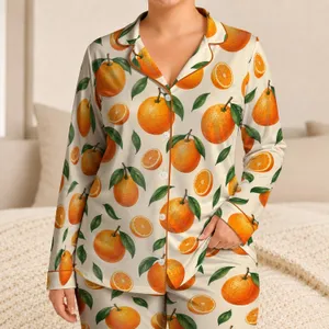 Sunlit Orange Fruit Motifs For Fresh Summer Lounging And Relaxed Weekend Mornings Satin Pajamas Set
