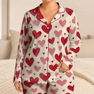 Cranberry Heart Motif for Cozy Romantic Lounging and Sweet Gift Giving Satin Pajamas Set