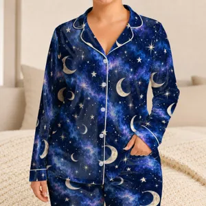 Crescent Moon and Starry Night Sky for Dreamy Stargazing Evenings Satin Pajamas Set