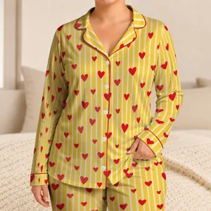 Golden Stripe Hearts for Cozy Valentine Mornings and Sweet Everyday Home Lounging Satin Pajamas Set