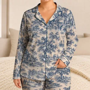 Classic Blue Toile Countryside Scenes for Cozy Evenings and Thoughtful Gifts for Women Satin Pajamas Set