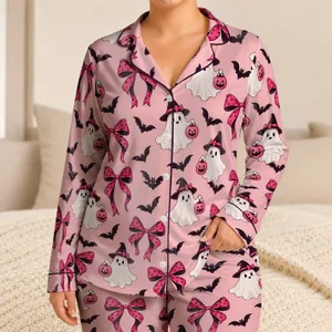 Pink Halloween Bows, Witchy Ghosts and Bats for Cozy October Nights and Festive Gifting Satin Pajamas Set