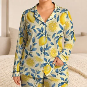 Lemon And Blue Leaf Botanical Motifs For Sunny Summer Lounging Satin Pajamas Set