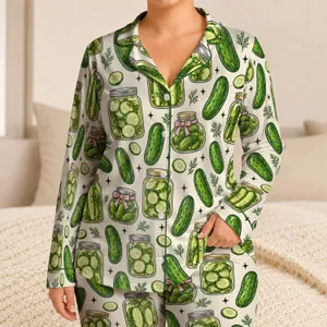 Playful Pickle Jars and Cucumbers for Cozy Kitchen-Lover Evenings and Gift Giving Satin Pajamas Set