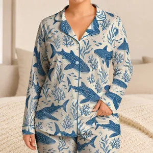 Blue Whale Shark Ocean Motifs for Coastal Relaxation and Peaceful Nights by the Sea Satin Pajamas Set