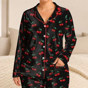 Scarlet Cherry Scatter for Sweet Spring Summer Lounging and Relaxed Evenings Satin Pajamas Set