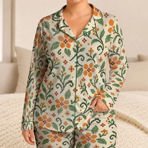 Pixel Floral Greenery and Orange Blossoms for Fresh Summer Lounging at Home Satin Pajamas Set