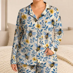 Blue Bees And Wildflowers For Countryside Getaways And Relaxed Summer Days For Women Satin Pajamas Set
