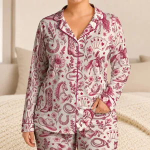 Ivory Western Wildflowers, Cowboy Boots and Horses for Cozy Holiday Evenings Satin Pajamas Set
