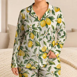 Fresh Lemon Branches and White Blossoms for Springtime Lounging and Gift Giving for Women Satin Pajamas Set