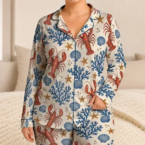 Red Lobster, Blue Coral and Seashells for Coastal Getaways and Relaxed Summer Evenings Satin Pajamas Set