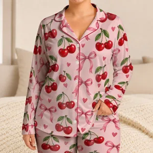 Red Cherry Pairs and Pink Ribbon Bows for Cozy Romantic Nights, a Sweet Gift for Her Satin Pajamas Set