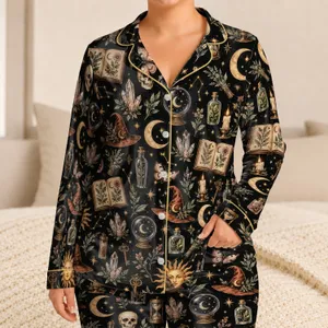 Celestial Sun Moon And Witchcraft Icons For Cozy Evenings At Home And Gifting Satin Pajamas Set