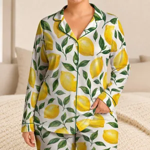 Fresh Lemon and Green Leaf Motifs for Sunny Morning Lounging and Cozy Evenings Satin Pajamas Set