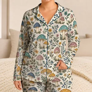 Mushroom And Wildflower Botanical Motifs For Cozy Cottagecore Lounging And Gift Giving Satin Pajamas Set