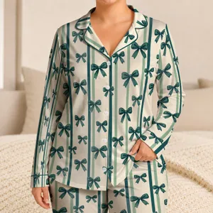 Emerald Bow And Stripe Motifs For Cozy Weekend Lounging And Relaxed Gift Giving Satin Pajamas Set