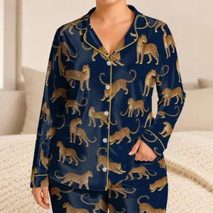 Golden Leopard Motifs for Cozy Autumn Lounging and Chic Weekend Style for Women Satin Pajamas Set