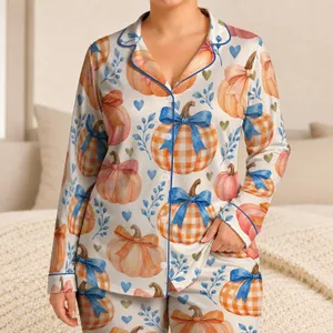 Watercolor Pumpkins With Bows for Cozy Autumn Evenings and Seasonal Lounging Satin Pajamas Set