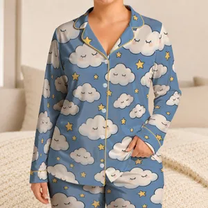 Sleepy Cloud And Golden Star Sky For Dreamy Spring Summer Lounging Gift For Her At Home Satin Pajamas Set