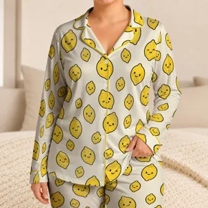 Smiling Lemon Faces for Sunny Summer Lounging and Cheerful Vacation Mornings at Home Satin Pajamas Set