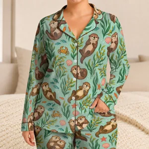Playful Sea Otters And Ocean Friends For Cozy Coastal Evenings Satin Pajamas Set