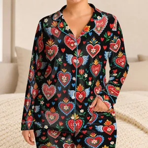 Colorful Folk Hearts and Flowers for Cozy Romantic Evenings and Valentine’s Day Gifting Satin Pajamas Set