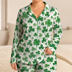 Green Clover Motifs for a Cozy St. Patrick's Day at Home, Cheerful Gift for Her Satin Pajamas Set