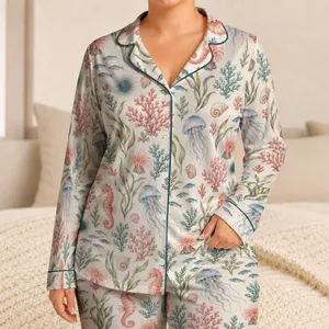 Coral, Seahorse And Jellyfish Ocean Motifs For Calm Coastal Summer Evenings At Home Satin Pajamas Set