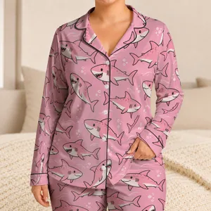 Playful Pink Shark Ocean Motif for Cozy Coastal Nights and Relaxed Lounging Satin Pajamas Set
