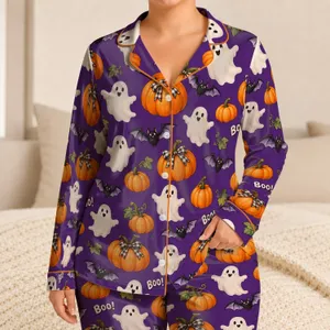 Purple Pumpkin, Bat and Friendly Ghost Halloween Cheer for Cozy October Nights and Parties Satin Pajamas Set