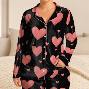 Coral Heart Motif for Cozy Valentine's Evening Lounging and Relaxed Home Days Satin Pajamas Set